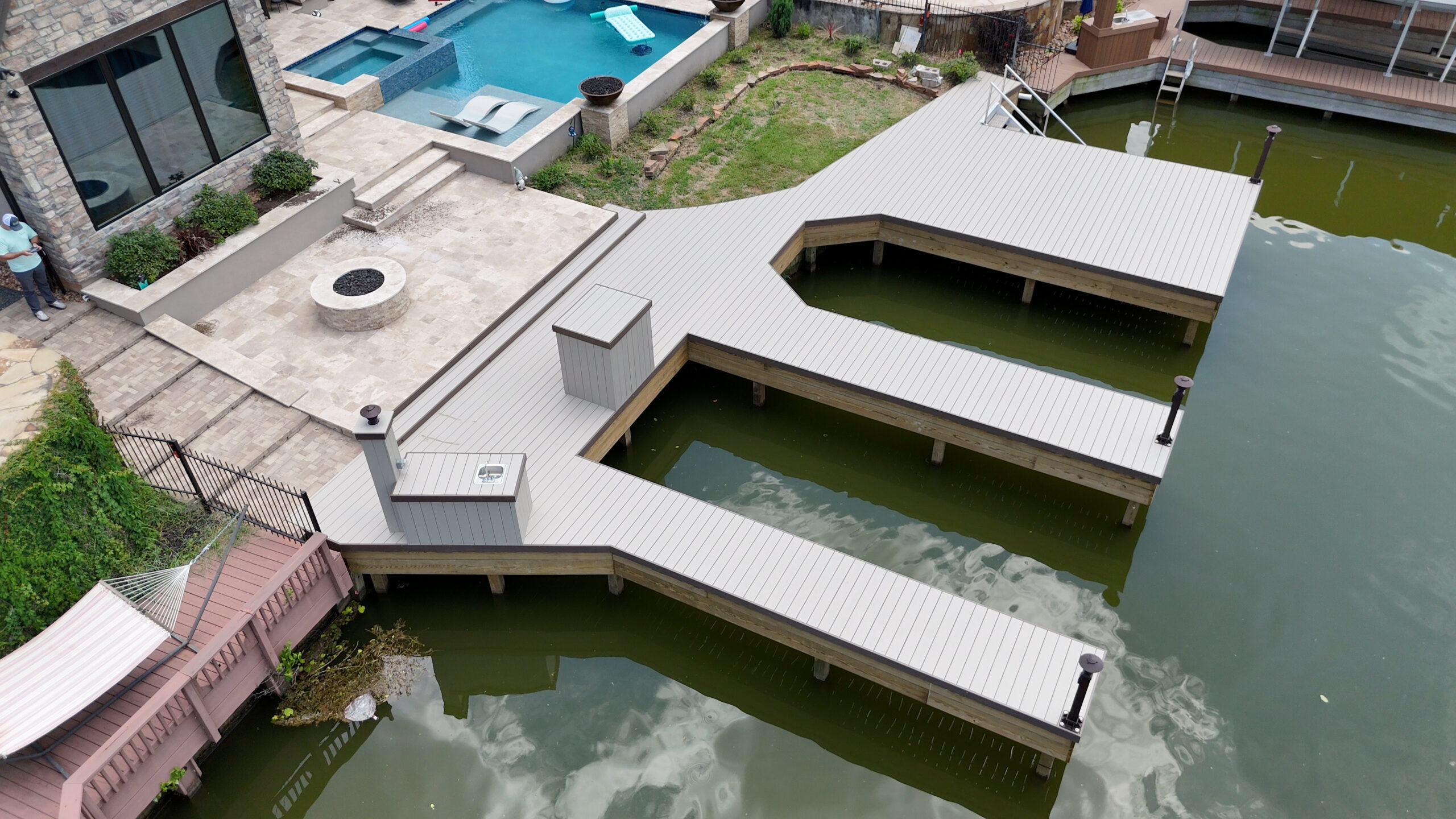 7-Bentwater-Dock-Deck-Boat-Lift-Bikini-Top-Lake-Conroe Custom Wood Dock on Lake Conroe