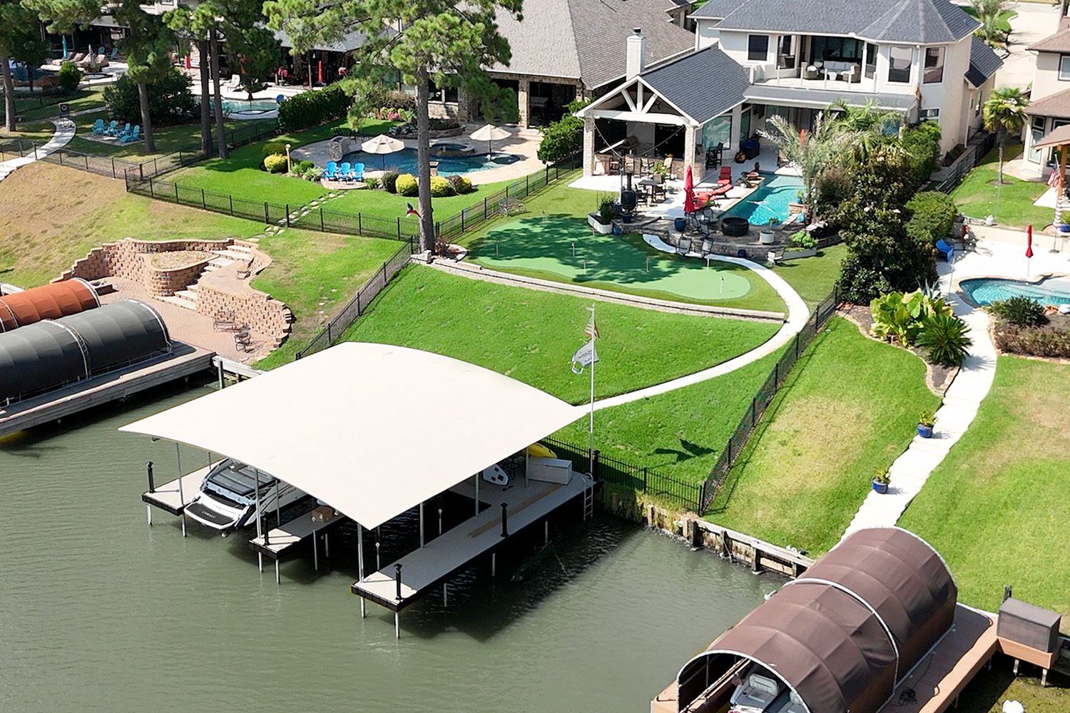 Bikini-Top-Grand-Harbor-10 Custom Lake Conroe Boat Cover and Dock System WIth Osprey Boat Lift