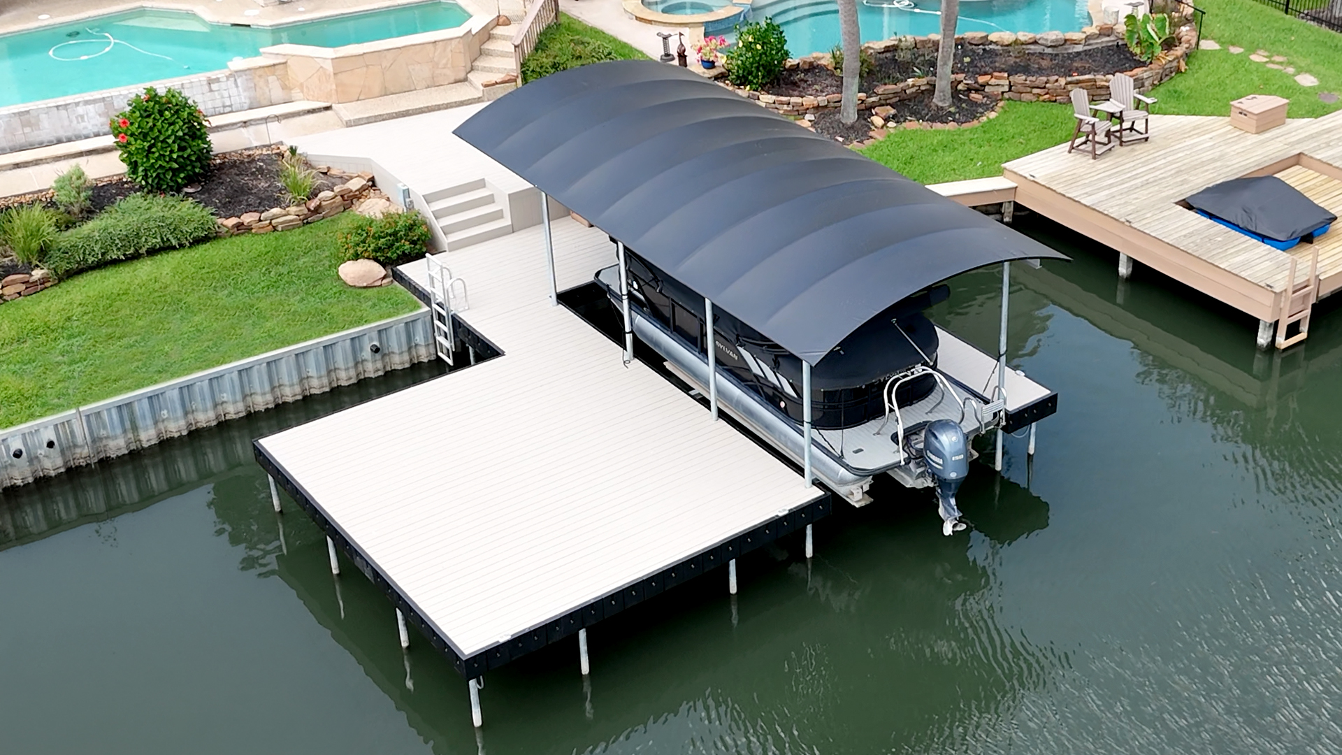 Watts-Aluminum-Dock-Deck-Bikini-Top-Lake-Conroe-Beauty Aluminum Dock, Bikini Top and Steel Bulkhead on Lake Conroe